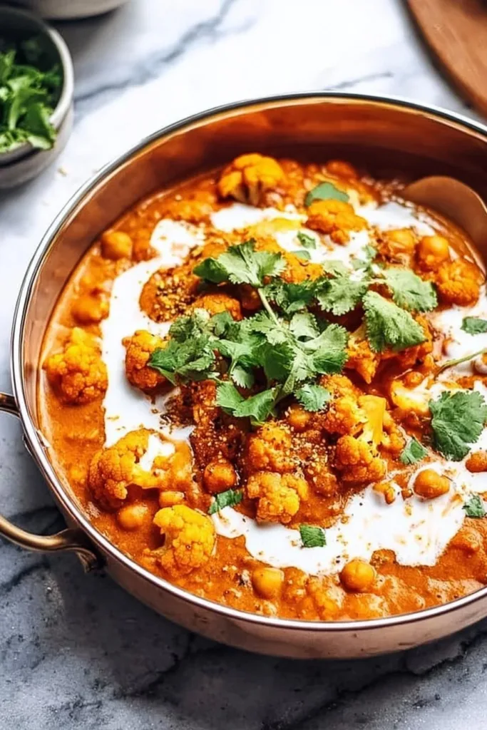 Cauliflower and Chickpea Curry 2 Bowl of delicious Cauliflower Chickpea Curry with spices and herbs