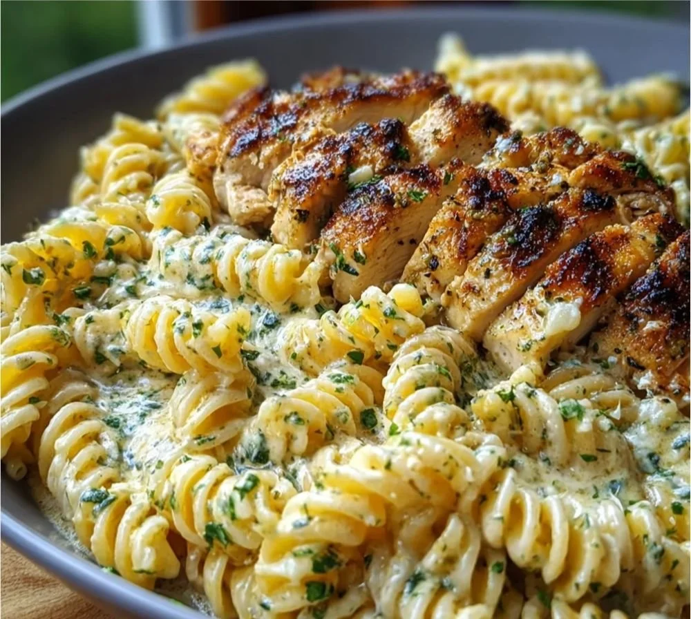 Cheesy creamy garlic parmesan chicken twisted pasta served in a bowl