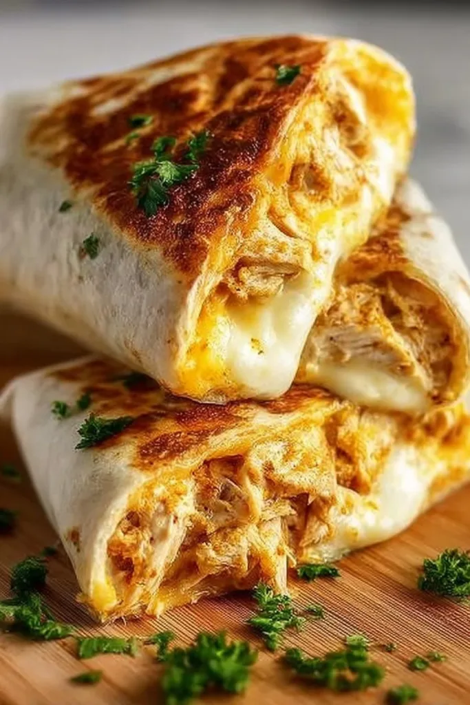 Cheesy garlic chicken wraps filled with melted cheese and fresh garlic in a tortilla