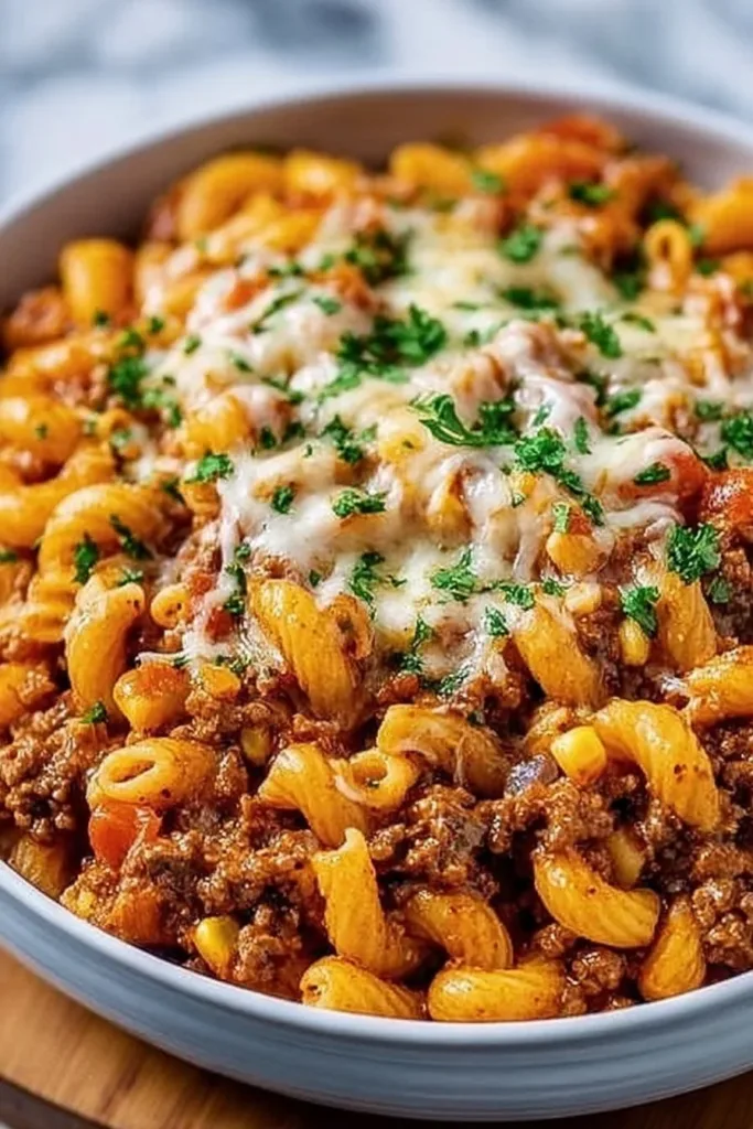 Cheesy taco pasta dish with colorful toppings in a bowl