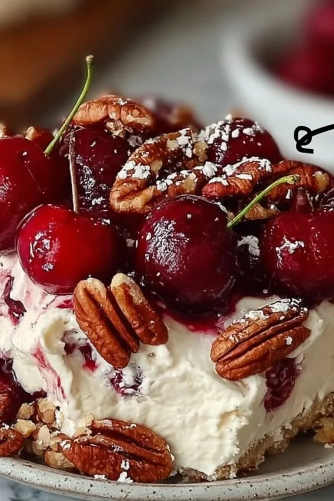 Cherry Cheesecake Lush Bars: A Crowd-Pleasing Potluck Dessert with Pecans 2 Plate of delicious Cherry Cheesecake Lush Bars with pecans, perfect for potlucks.