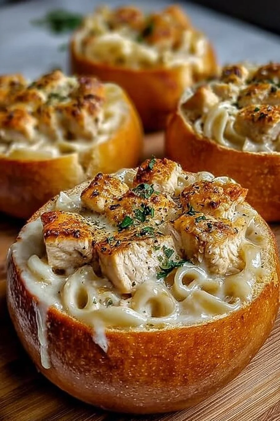 Chicken Alfredo Garlic Bread Bowls