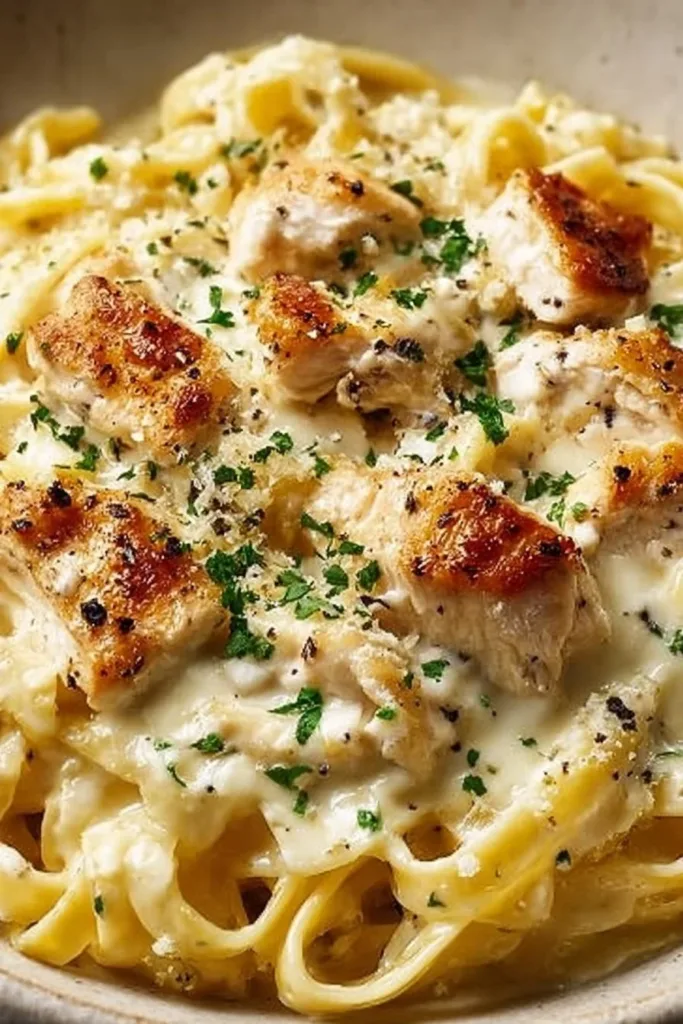 Creamy Chicken Alfredo Pasta served with grated parmesan and parsley garnish.
