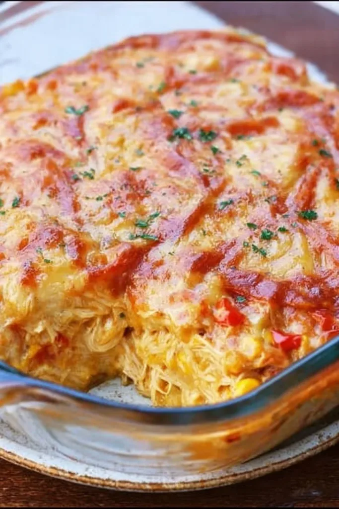 Delicious Chicken Enchilada Casserole topped with cheese and fresh ingredients