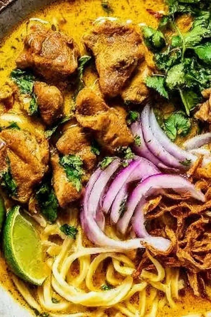 Bowl of Chicken Khao Soi Thai coconut curry soup garnished with chilies and herbs.