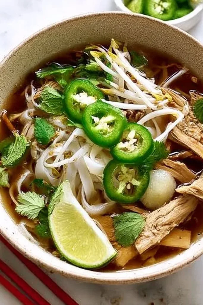 Bowl of Chicken Pho with herbs, lime, and noodles