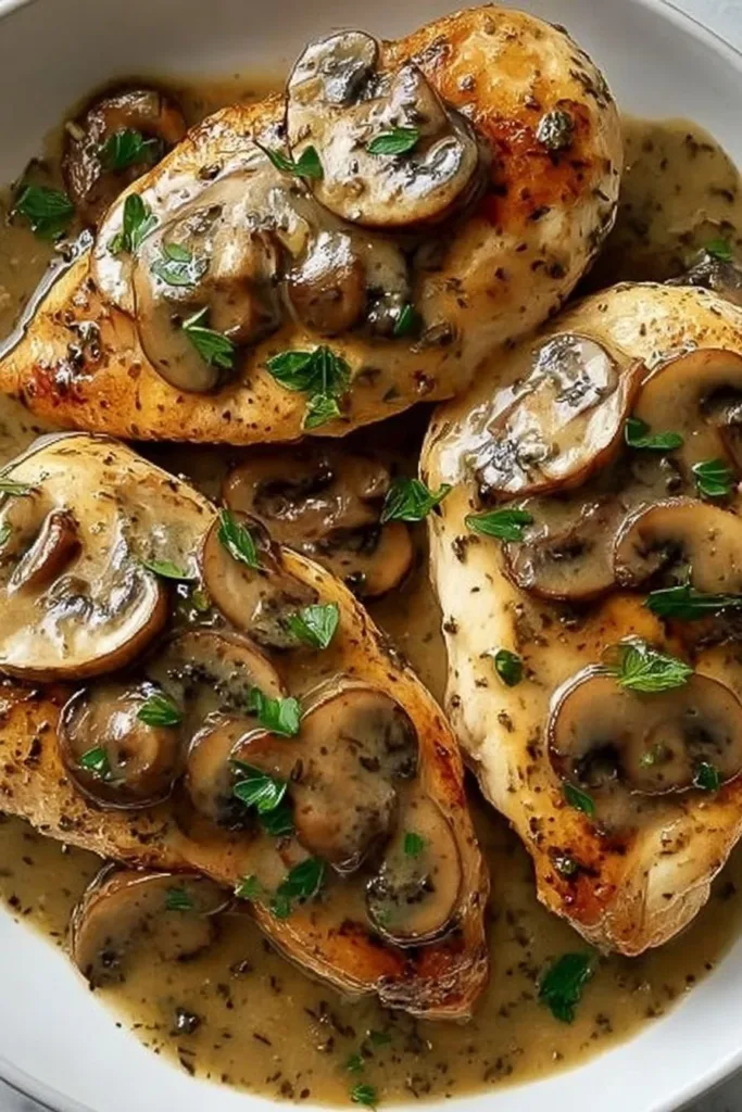 Chicken with Mushroom Gravy 3 Delicious chicken served with creamy mushroom gravy over rice