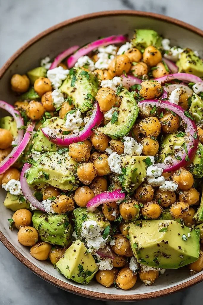 Chickpea Feta Avocado Salad with fresh ingredients and vibrant colors
