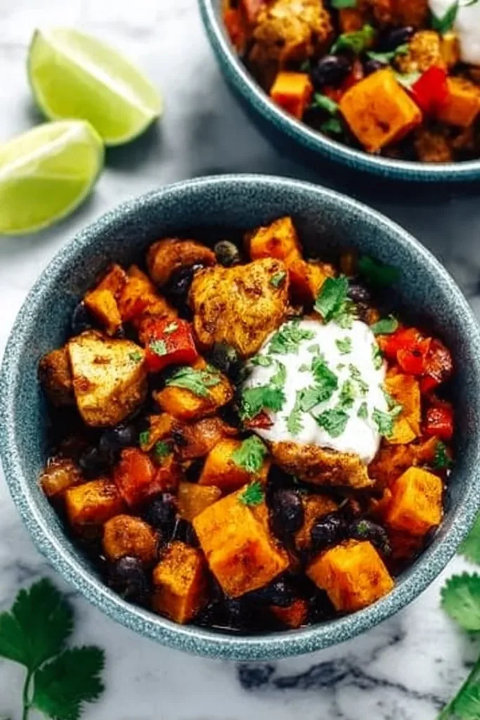 Chili lime chicken and sweet potato skillet dish garnished with lime wedges