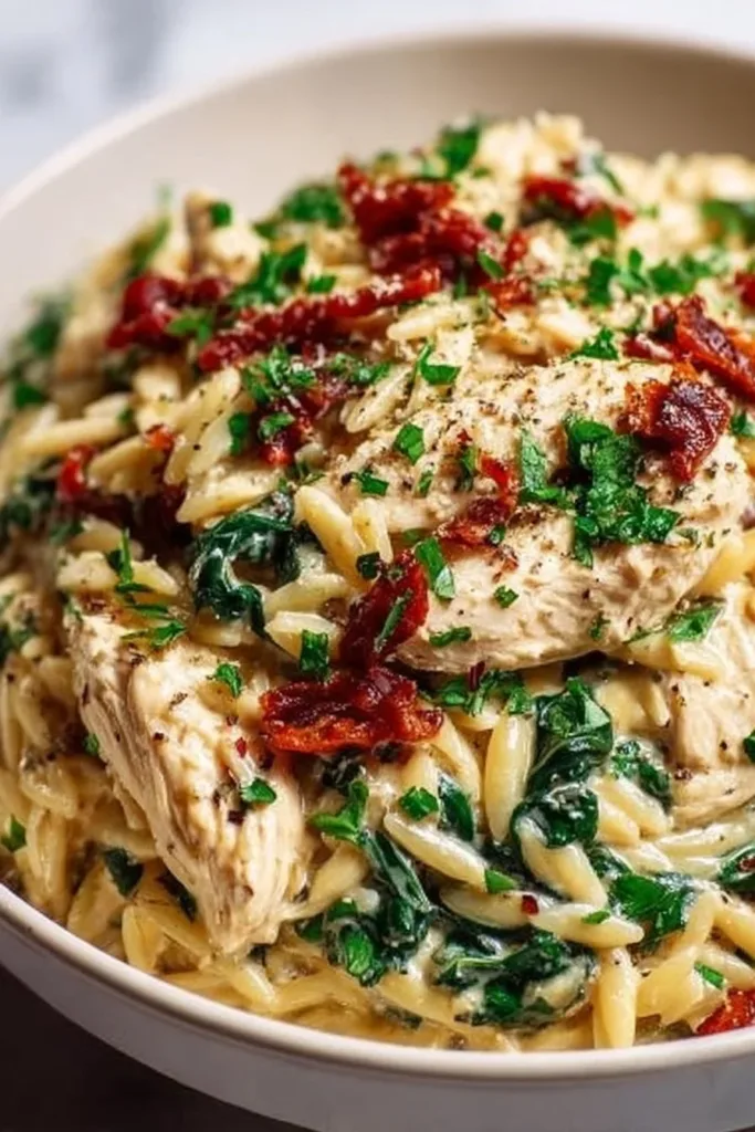 Delicious Crockpot Tuscan Chicken Orzo served with fresh herbs and tomatoes