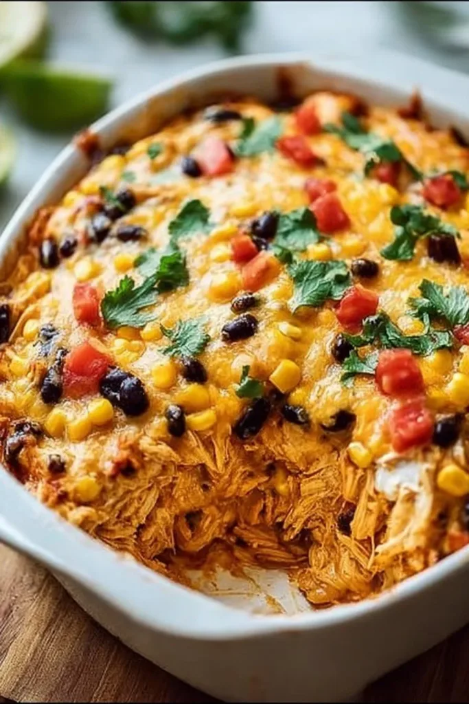Delicious Mexican Chicken Casserole topped with cheese and spices