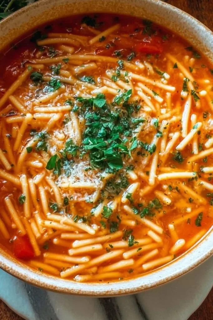 Bowl of comforting cozy noodle soup with vibrant vegetables and flavorful broth