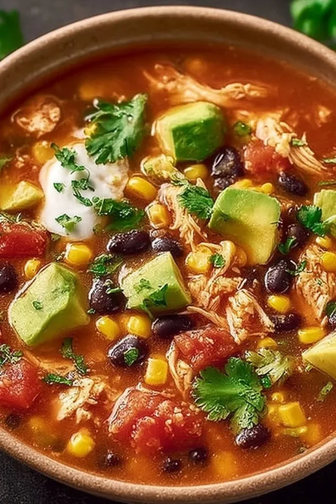 Delicious cozy one-pot chicken taco soup garnished with fresh cilantro
