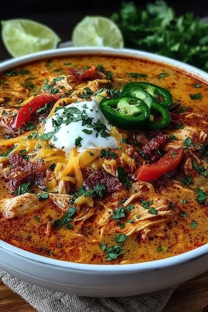 Cozy slow cooker chicken fajita soup served in a bowl with toppings.