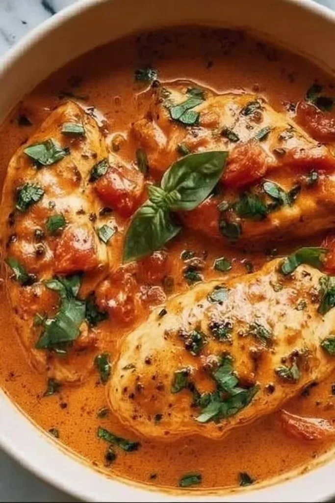 Cozy slow cooker creamy tomato basil chicken served in a bowl.