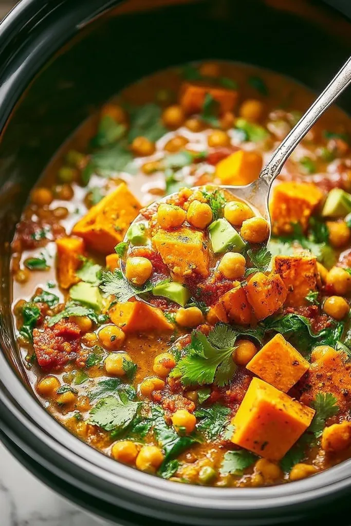 Delicious bowl of cozy slow cooker vegetarian curry with fresh vegetables