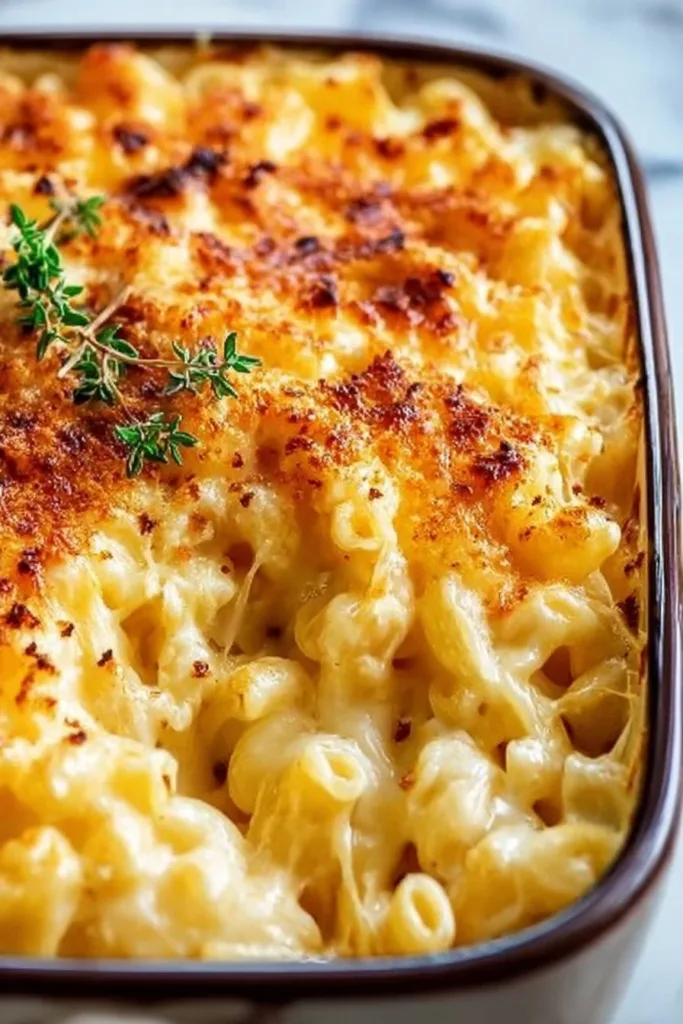 Delicious creamy baked mac and cheese served in a rustic dish