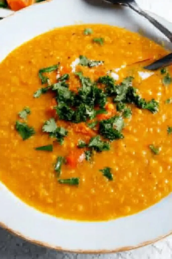 Creamy curry coconut red lentil soup in a bowl garnished with herbs.