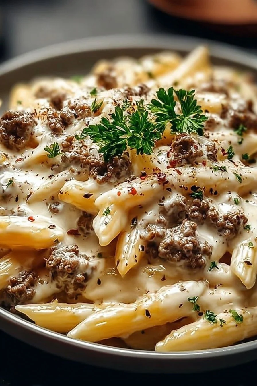 Creamy Ground Beef Alfredo Pasta