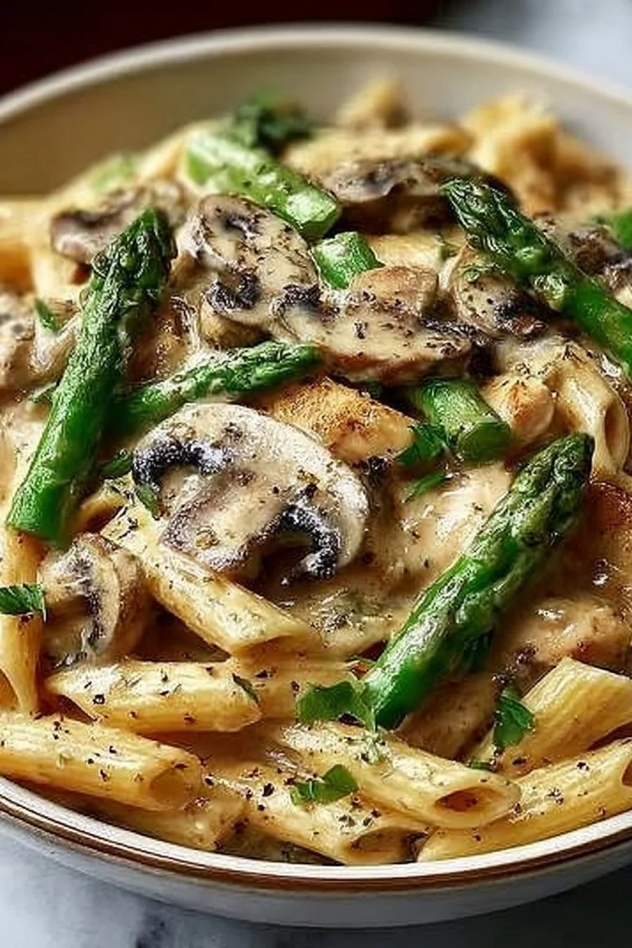 Creamy Mushroom and Asparagus Chicken Penne