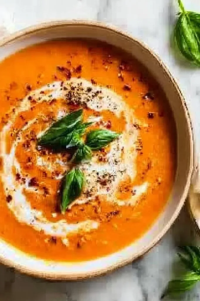 Bowl of creamy roasted tomato soup garnished with fresh basil and croutons.