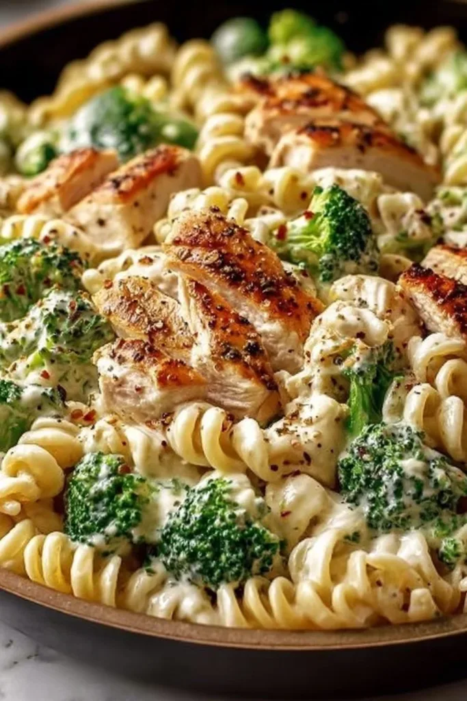 Creamy pasta dish with rotisserie chicken and broccoli served in a bowl