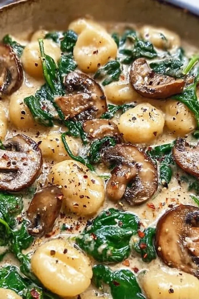 Creamy spinach and mushroom gnocchi in a skillet, ready to serve in 20 minutes