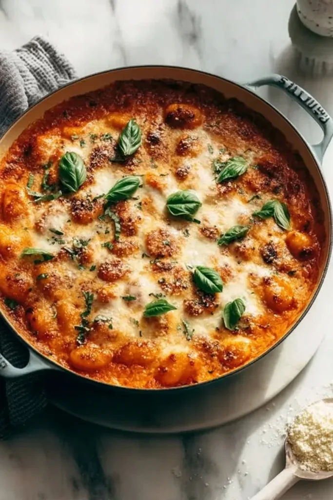 Creamy Three Cheese Gnocchi Bake (Soft, Cheesy & Oven-Bubbled) 2 Creamy three cheese gnocchi bake topped with melted cheese and herbs