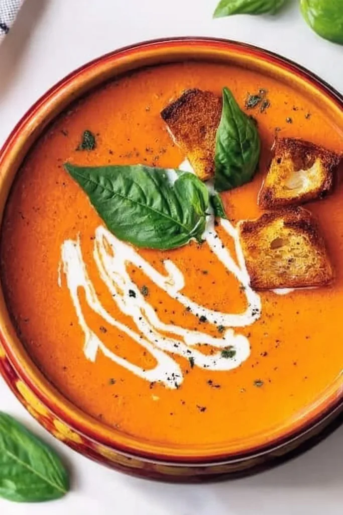 Creamy Tomato Basil Bisque served in a bowl with fresh basil garnish