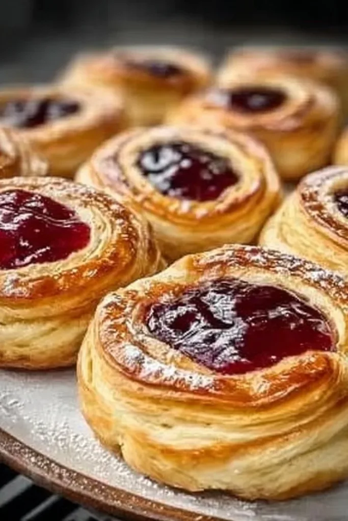Homemade breakfast Danish pastries on a plate with fresh fruits