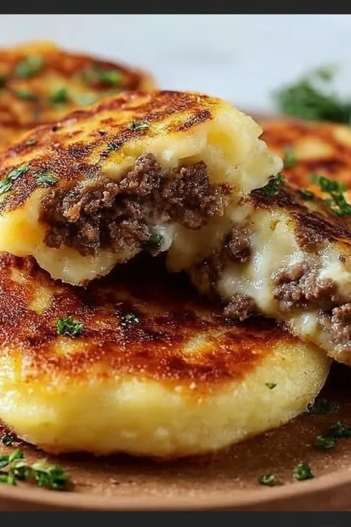 Crispy mashed potato pancakes stuffed with beef and onions, served on a plate.