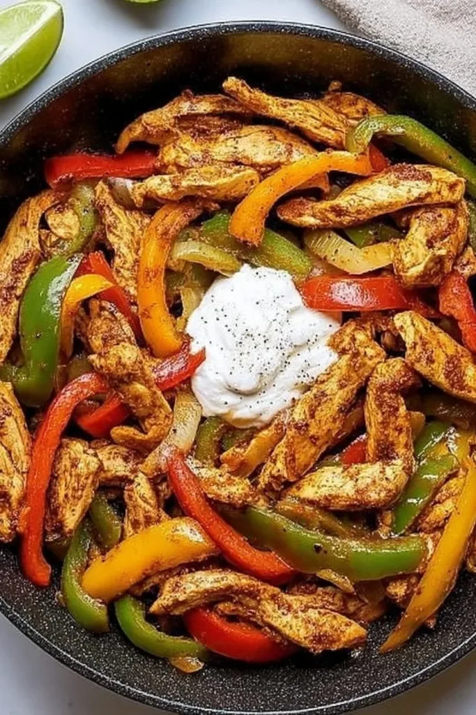 Crockpot Chicken Fajitas with colorful peppers and onions in a slow cooker