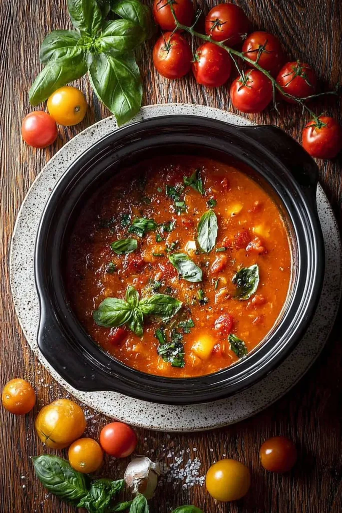 Bowl of crockpot creamy tomato basil soup topped with fresh basil leaves