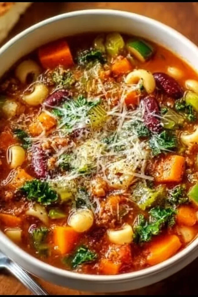 Delicious bowl of Crockpot Minestrone Soup ready to serve with fresh vegetables and pasta.