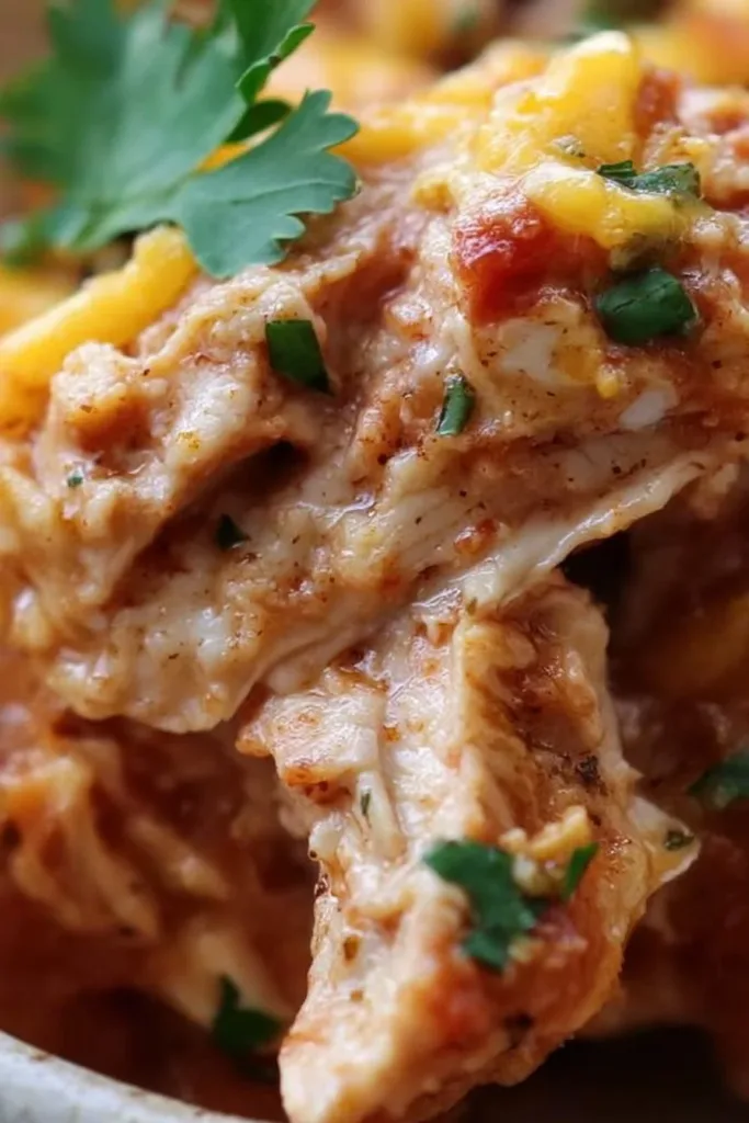 Delicious Crockpot Salsa Chicken ready to serve in a warm dish