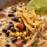 Crockpot White Chicken Chili with Cream Cheese in a bowl garnished with herbs