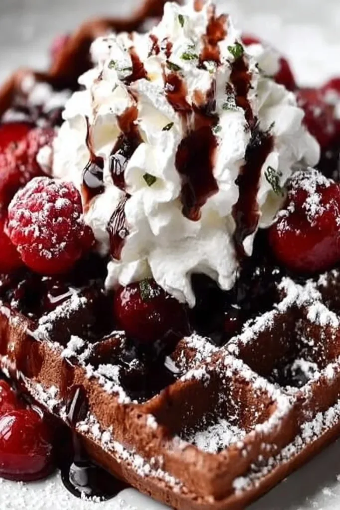 Decadent Black Forest Waffles topped with cherries and whipped cream