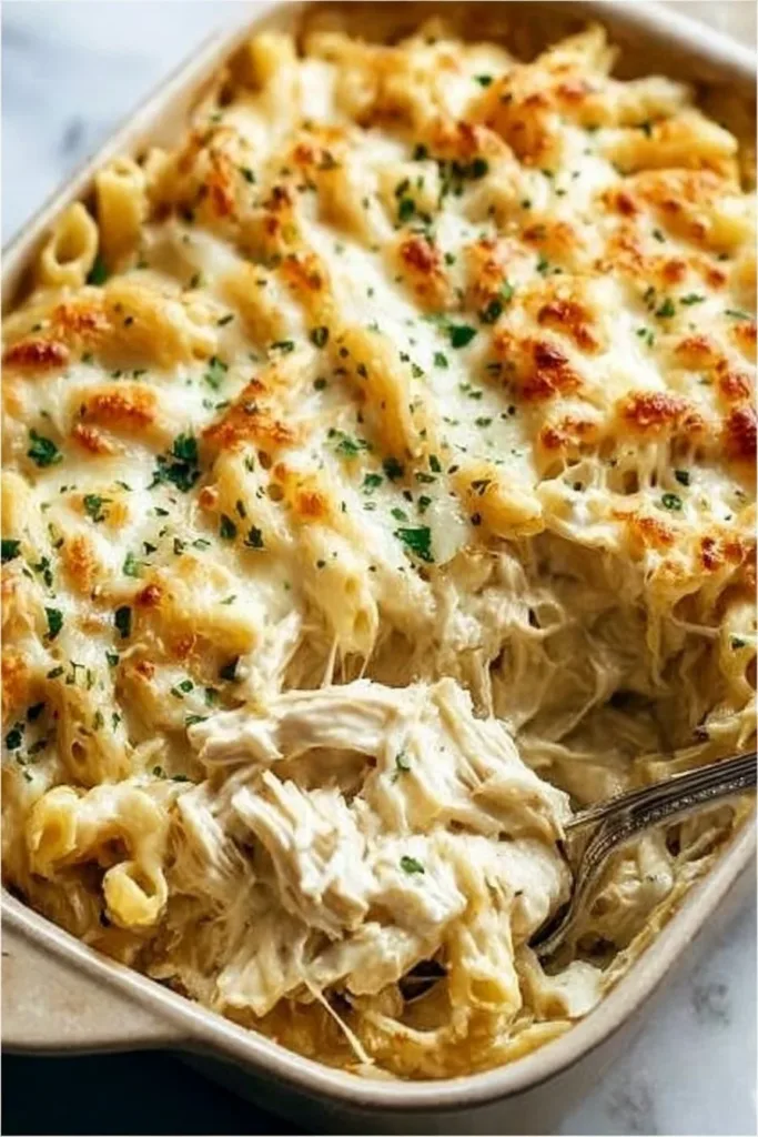Delicious Dump-and-Bake Chicken Alfredo Casserole topped with cheese