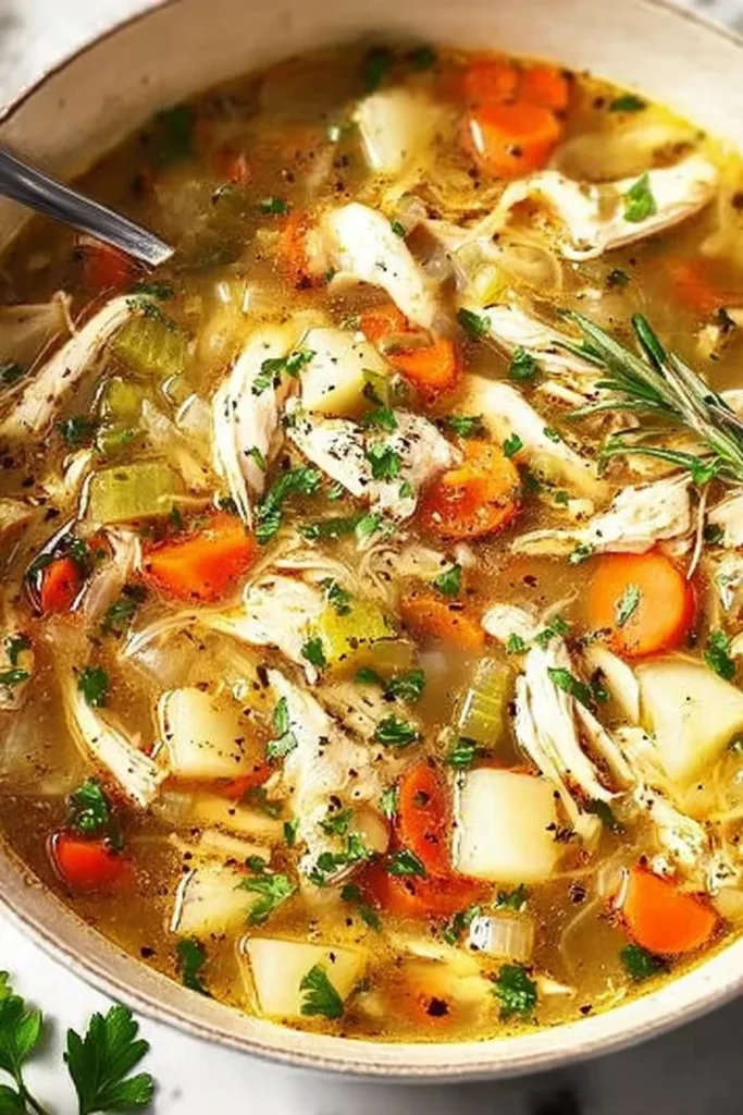 Bowl of healthy homemade chicken soup with vegetables and herbs