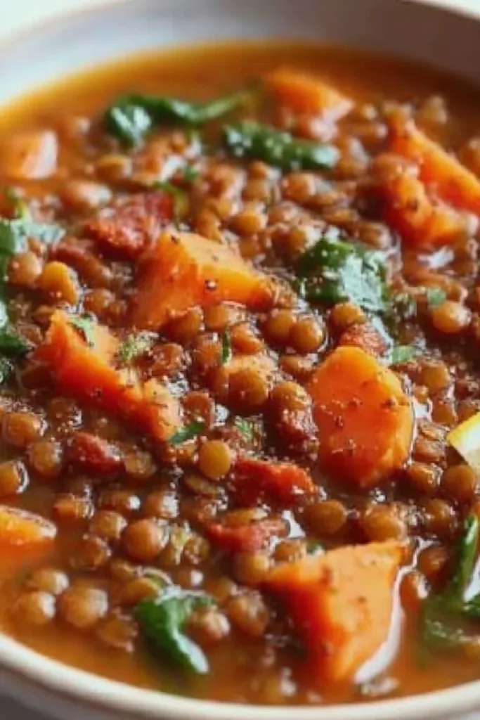 Bowl of easy lentil and sweet potato soup garnished with herbs