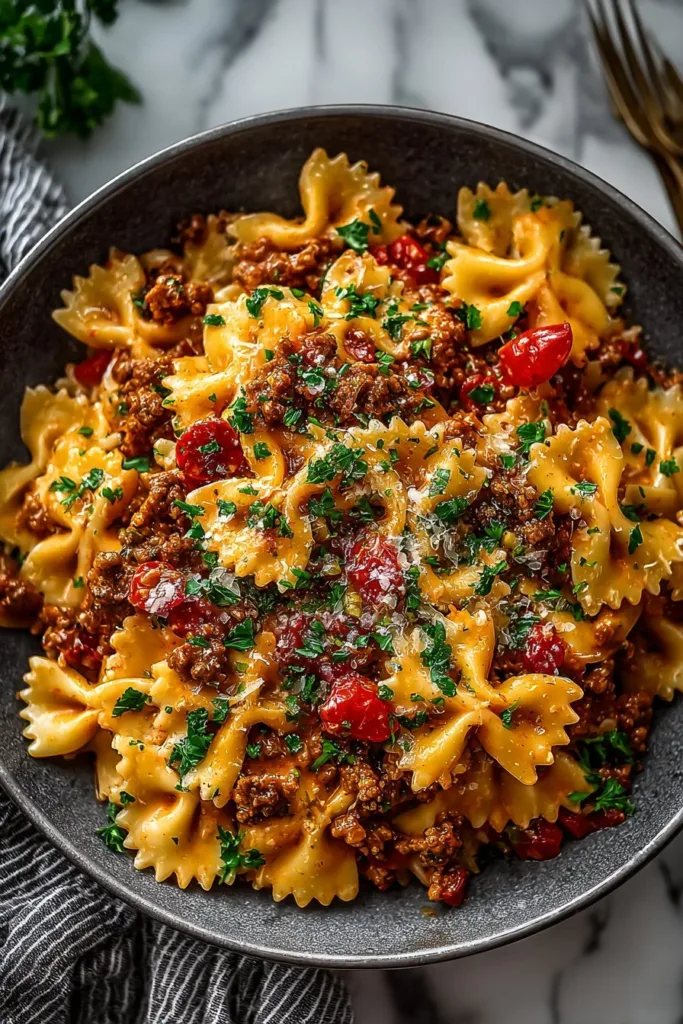 Easy skillet pasta dish with bowtie pasta, ground beef, and Velveeta cheese.