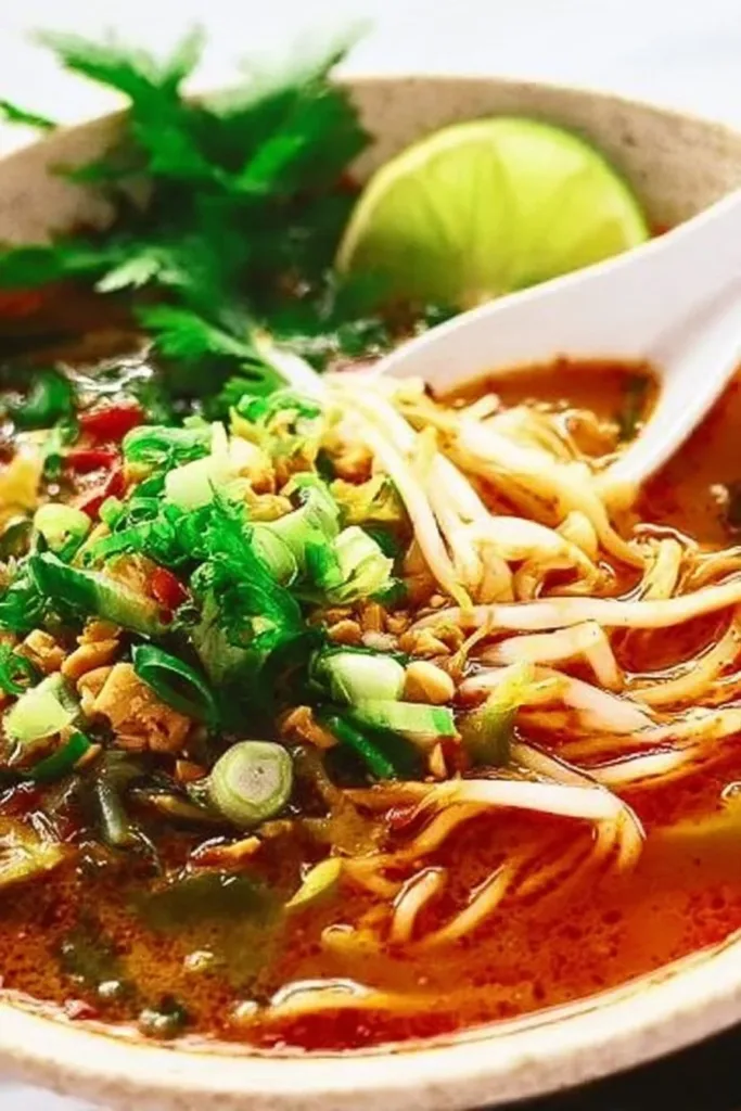Easy Spicy Thai Noodle Soup 3 Bowl of easy spicy Thai noodle soup garnished with herbs