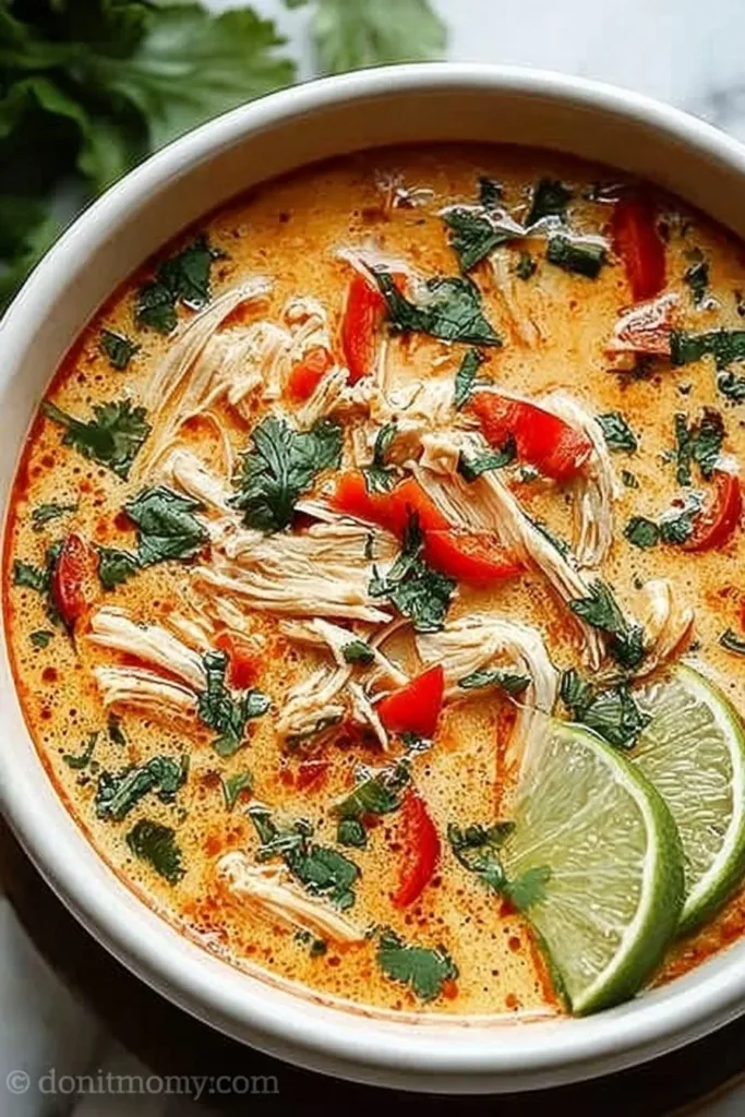 Bowl of Easy Thai Coconut Chicken Soup garnished with cilantro and lime.
