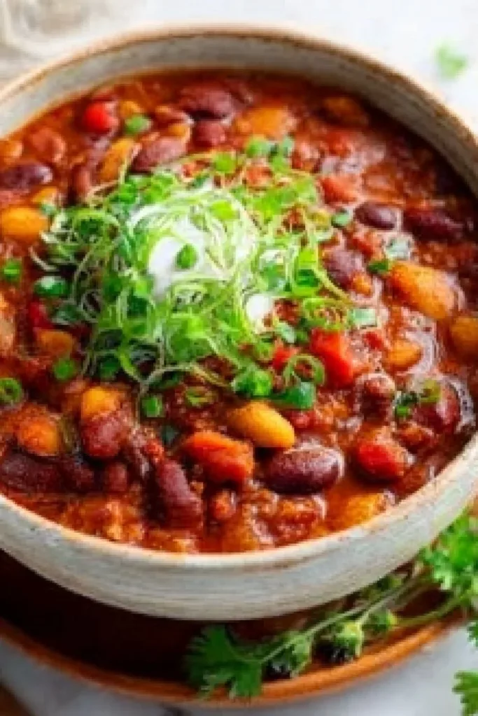 Bowl of easy vegan three bean chili topped with fresh herbs.