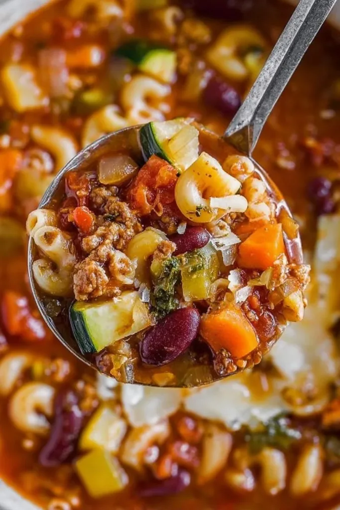 Delicious bowl of enhanced minestrone soup with colorful vegetables and herbs
