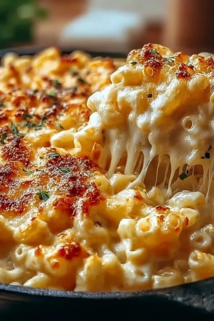Five Cheese Baked Mac and Cheese Casserole in a serving dish