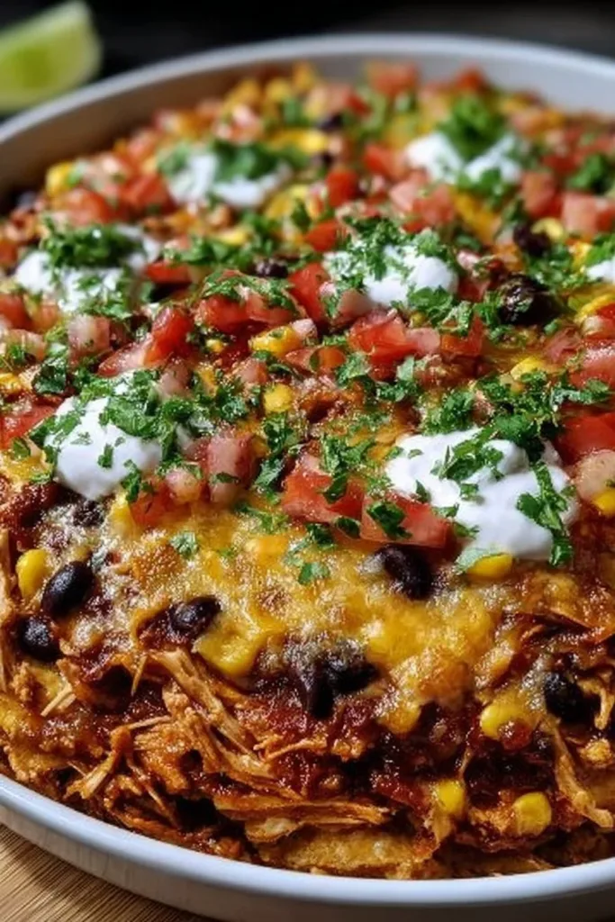 Flavor-packed chicken taco casserole served in a baking dish with toppings