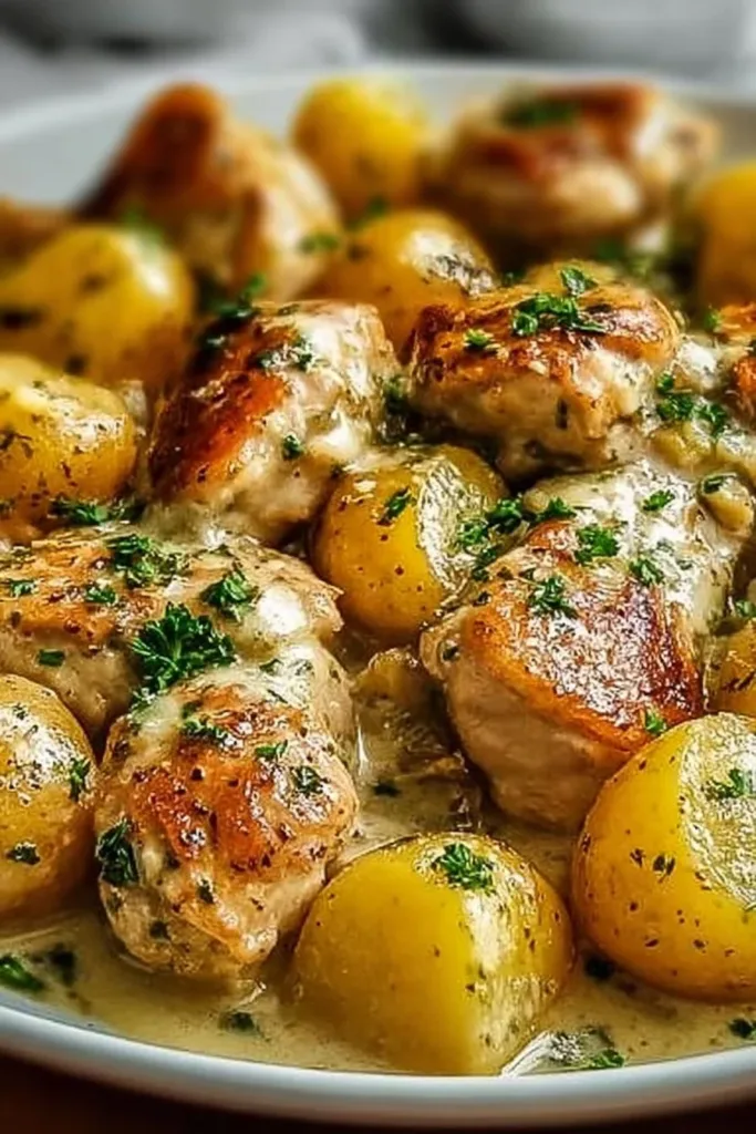Delicious Garlic Parmesan Chicken with potatoes in a crockpot.