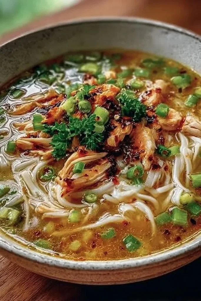 Ginger garlic chicken noodle soup garnished with fresh herbs and served in a bowl.
