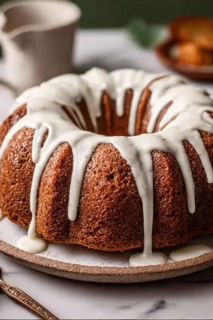 Gingerbread cake drizzled with maple glaze, served on a festive plate.